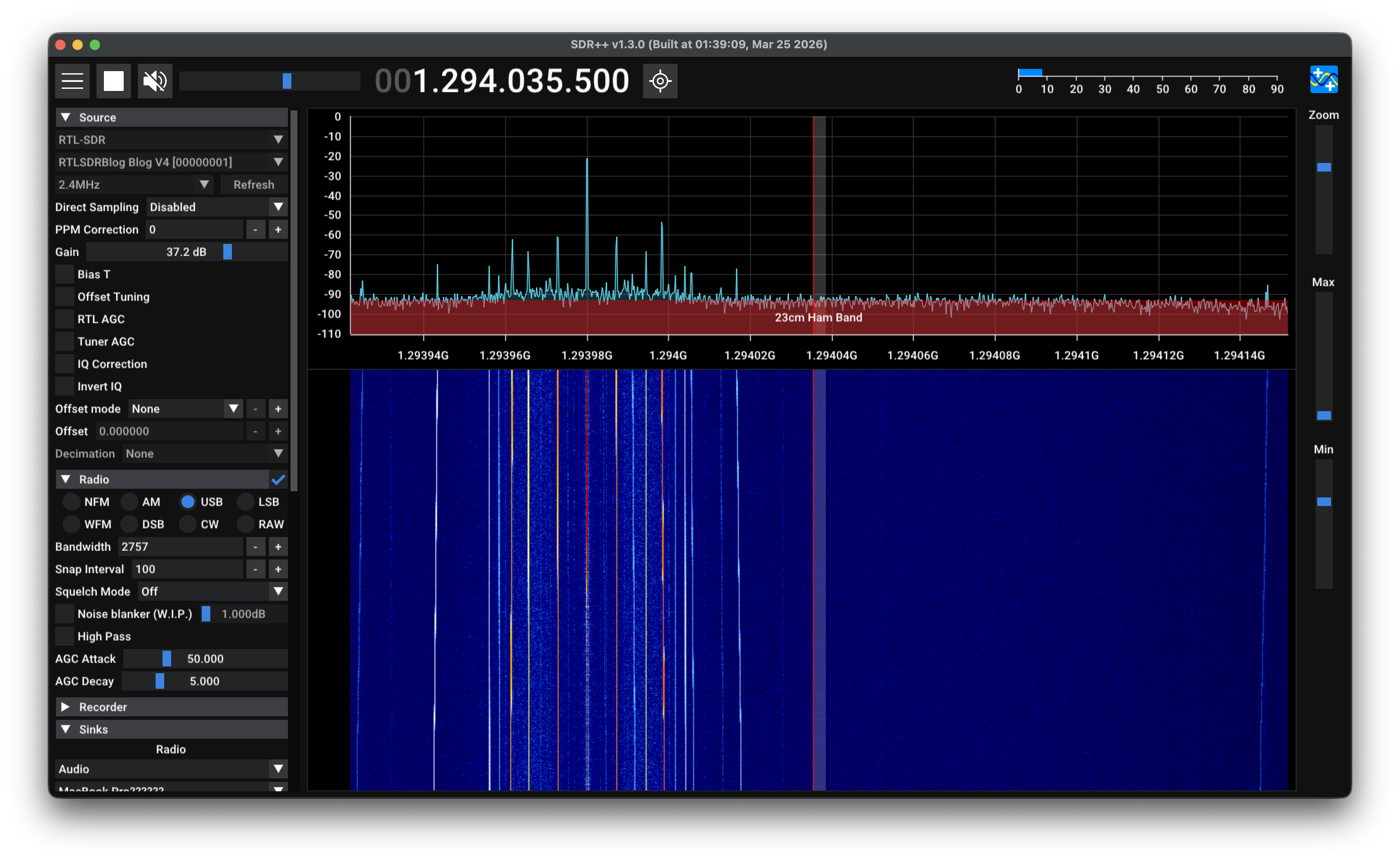SDR++で過大入力により盛大にサチっている様子